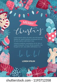 Vector Christmas background. Hand-drawn grain texture. Snowman, gingerbread man, mistletoe, gifts, cup, spruce branches, bright lamps on dark blue background. Happy holidays flat card template.