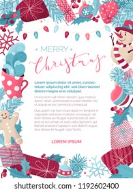 Vector Christmas background. Hand-drawn stipple texture. Snowman, gingerbread man, mistletoe, gifts, cup of hot cocoa, spruce branches with baubles, pink and blue lamps. Happy holidays flat background