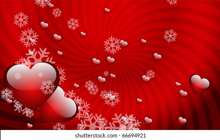 Vector Christmas background. Hearts and snowflakes on a red abstract background