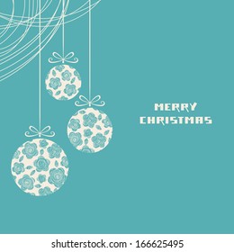 Vector christmas background. Invitation and greeting decorative card. Cute christmas ball with blue floral hand drawn texture. Abstract simple winter holiday illustration with text box