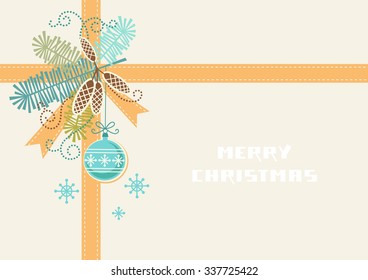 Vector Christmas background. Invitation and greeting card with branches of christmas tree, cones, ribbon, decoration. Simple winter holiday illustration with text box