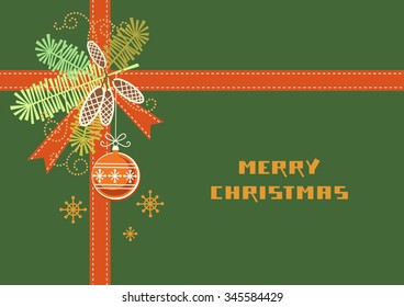Vector Christmas background. Invitation and greeting card with branches of christmas tree, cones, ribbon, decoration. Simple winter holiday illustration with text box