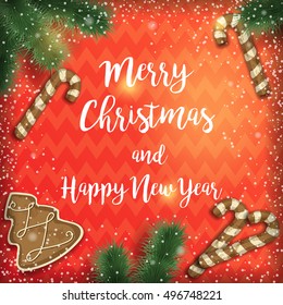 Vector Christmas background with lettering, festive gingerbread and Christmas tree branches on a red. Happy New Year. Vector poster