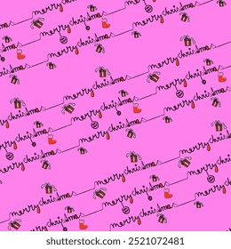 Fondo de Navidades de Vector. Feliz Navidades letras escritas a mano. Patrón sin fisuras. Decoraciones de Navidad, regalo, calcetín de Navidades. Patrón de repetición, fondo púrpura.