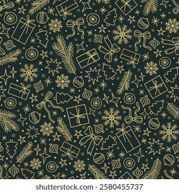 Vector Christmas background. New Year all over print for fabric, goods or wrapping paper design. Doodle style seamless pattern with snowflakes, gift boxes, Christmas tree decorations, stars, bows