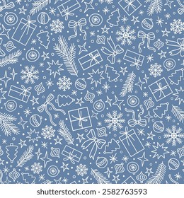 Vector Christmas background. New Year all over print for fabric, goods or wrapping paper design. Doodle style seamless pattern with snowflakes, gift boxes, Christmas tree decorations, stars, bows