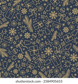 Vector Christmas background. New Year all over print for fabric, goods or wrapping paper design. Doodle style seamless pattern with snowflakes, gift boxes, Christmas tree decorations, stars, bows