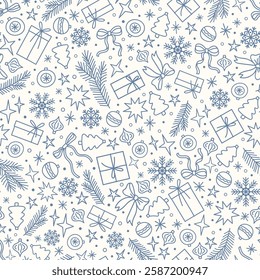 Vector Christmas background. New Year all over print for fabric, goods or wrapping paper design. Doodle style seamless pattern with snowflakes, gift boxes, Christmas tree decorations, stars, bows