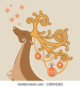 Vector christmas background. New year's card with head of deer with stylized antlers, decoration, snowflakes. Abstract illustration in cartoon style with personage. Original greeting, invitation card