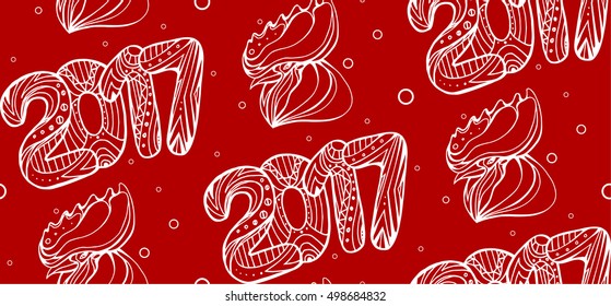 Vector Christmas background with the number 2017 and cock decorated boho pattern. Doodle background for your creativity