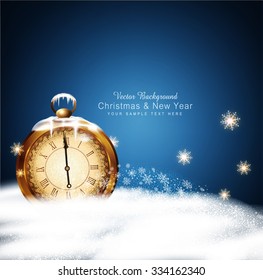 vector Christmas background with old clocks, snow, snowflakes and snow drifts