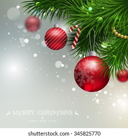 Vector Christmas Background with ornaments glossy balls and Christmas tree