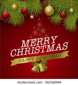 Vector Christmas Background with ornaments and Christmas tree with glossy balls