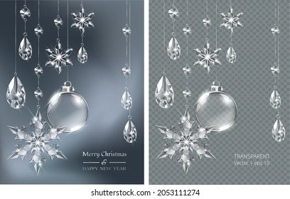 Vector Christmas background with realistic transparent glass balls, snowflakes and decoration. Glass sphere and sparkling translucent crystals