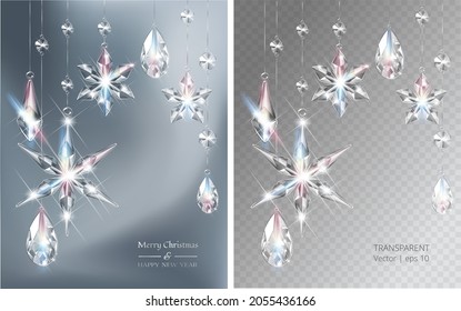 Vector Christmas background with realistic transparent glass snowflakes and decoration. Sparkling translucent crystals