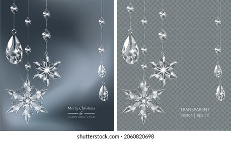 Vector Christmas background with realistic transparent glass snowflakes and decoration. Sparkling translucent crystals