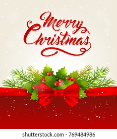 Vector Christmas background with red bow, fir branch and greeting inscription. Merry Christmas lettering