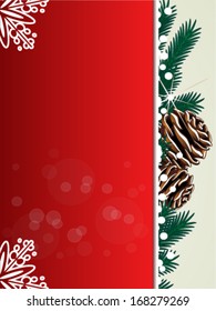 Vector Christmas background, red card with twigs, cones and snowflakes