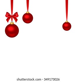 Vector Christmas background with red hanging balls, ribbons and bow.
