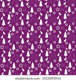 Vector Christmas background with repeating pattern. Christmas trees, texture, background. Christmas seamless background. White Christmas trees on a purple background.