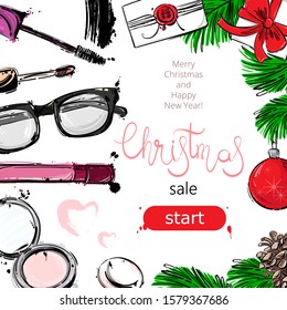 Vector Christmas background Christmas sale for cosmetics. Fashion illustration