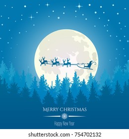 Vector Christmas background with Santa and deers flying on the sky. Christmas concept perfect for cards, prints, flayers, banners, invitations.