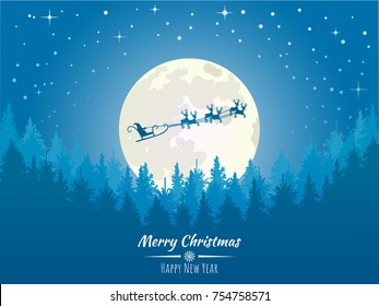 Vector Christmas background with Santa and deers flying on the sky. Christmas concept perfect for cards, prints, flayers, banners, invitations.