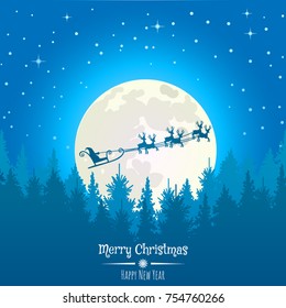 Vector Christmas background with Santa and deers flying on the sky. Christmas concept perfect for cards, prints, flayers, banners, invitations.
