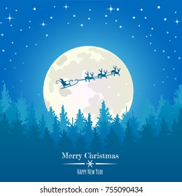 Vector Christmas background with Santa and deers flying on the sky. Christmas concept perfect for cards, prints, flayers, banners, invitations.