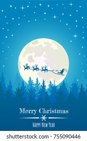 Vector Christmas background with Santa and deers flying on the sky. Christmas concept perfect for cards, prints, flayers, banners, invitations.