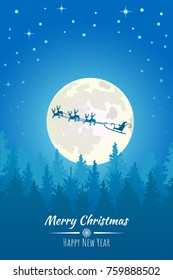 Vector Christmas background with Santa and deers flying on the sky. Christmas concept perfect for cards, prints, flayers, banners, invitations.