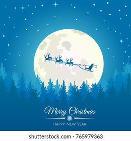 Vector Christmas background with Santa and deers flying on the sky. Christmas concept perfect for cards, prints, flayers, banners, invitations.