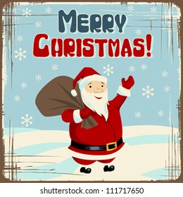 Vector Christmas background with Santa holding big bag of gifts.