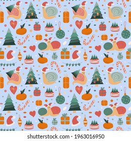 Vector Christmas background. Seamless pattern with cute snails, gift boxes, Christmas tree, red cake, tangerine, multicolored confetti. Cartoon style. Ideal for Merry Christmas card, wrapping paper.
