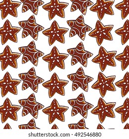 Vector christmas background. Seamless pattern with hand drawn gingerbread isolated on white background . Cartoon style. Good for xmas and New Year gift, present packaging.