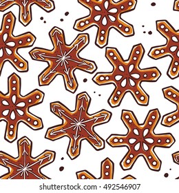 Vector christmas background. Seamless pattern with hand drawn gingerbread isolated on white background . Cartoon style. Good for xmas and New Year gift, present packaging.