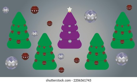 Vector Christmas background. Set with Christmas trees. Four trees in green with red decorations. One tree in a trendy purple color, with silver decorations and a star on top. Christmas. Decoration