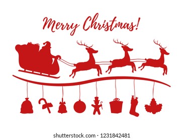 Vector Christmas background with silhouette - flying sleigh with reindeers, Santa, candies, sugar cane and others for ad poster, promo banner or sale. Made in cartoon flat style.