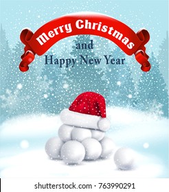 vector Christmas background with snowballs, red ribbon and red hat of Santa Claus