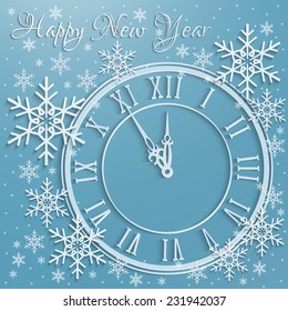Vector Christmas background with snowflakes and clock