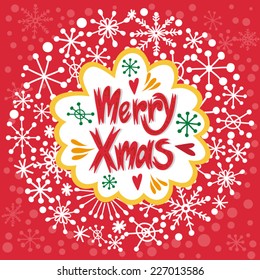 Vector Christmas background of snowflakes and frame with hand-drawn letters "Merry Christmas".