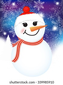 vector Christmas background with snowman. Christmas Card with winter Snowman - vector christmas illustration template with copy space.