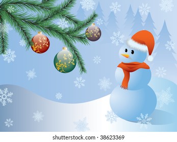 Vector christmas background with a  snowman and a fir branch.
