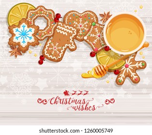 Vector Christmas background with sweet gingerbreads, decorations, tangerines and snowflakes.