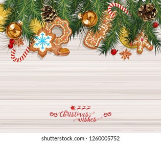 Vector Christmas background with sweet gingerbreads, decorations, tangerines and snowflakes.