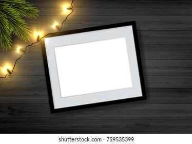 Vector Christmas Background: Top View Of Empty Picture Frame On Wooden Rustic Board With Christmas Lights And Pine Branch.