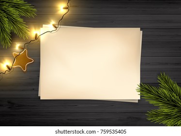 Vector Christmas Background: Top View Of Empty Old Paper On Wooden Rustic Board With Christmas Lights And Pine Branch.