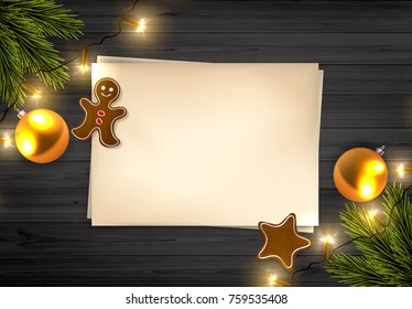 Vector Christmas Background: Top View Of Empty Old Paper On Wooden Rustic Board With Christmas Lights And Pine Branch.