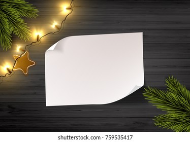 Vector Christmas Background: Top View Of Empty Paper On Wooden Rustic Board With Christmas Lights And Pine Branch.