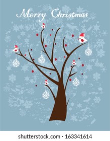 vector Christmas background with tree and birds